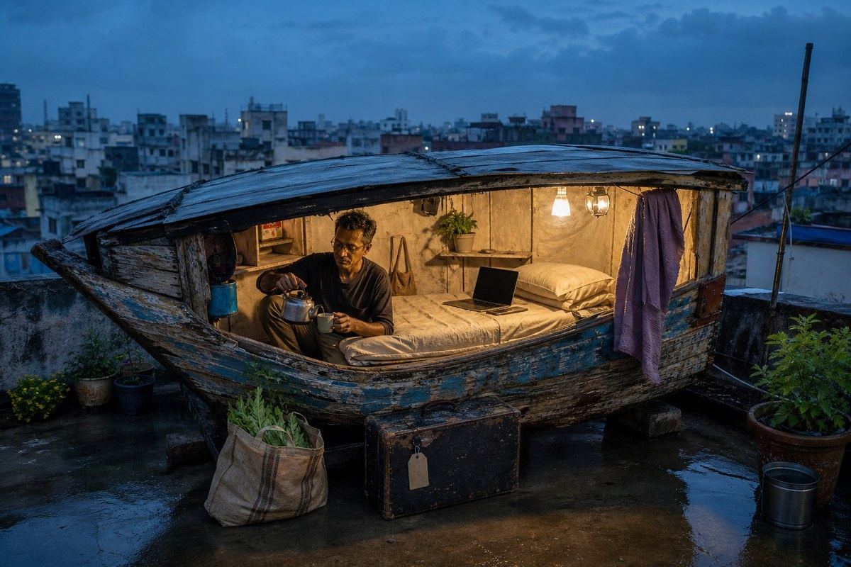 Middle-aged returnee makes tea inside a lifeboat home on a Kolkata rooftop