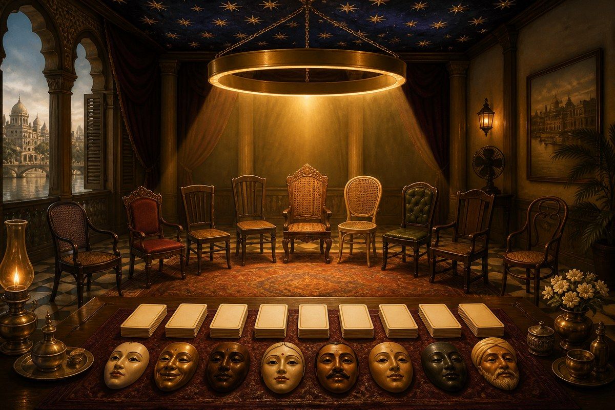 Identical blank horoscope cards and masks arranged beneath one flattering golden halo