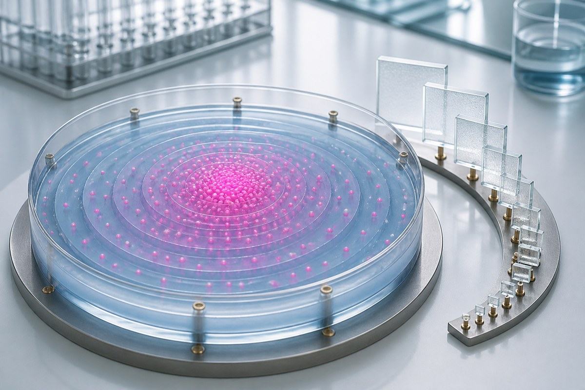 Pink particles diffuse through concentric tissue rings beside shrinking square glass tiles