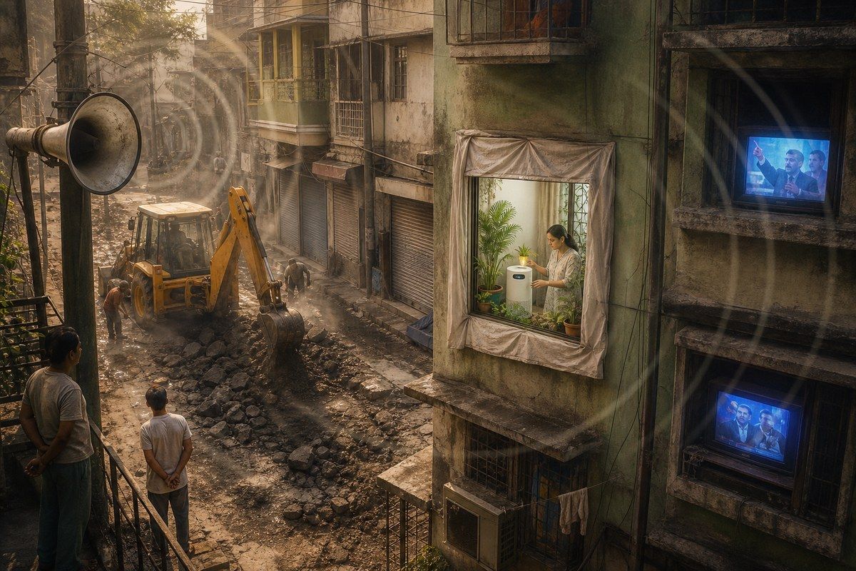 Roadwork, loudspeakers and televisions surround one clear-air window in South Kolkata