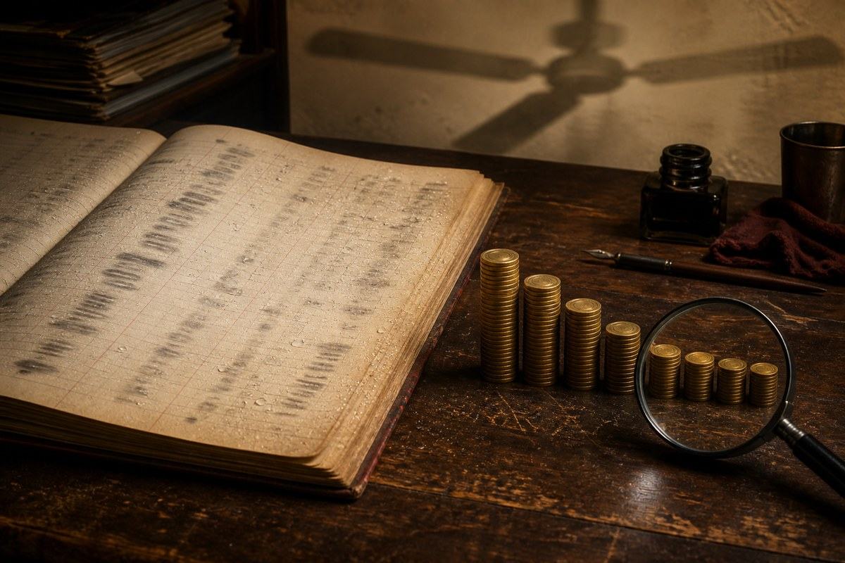 Sweating ledger beside descending brass counters and a magnifying glass
