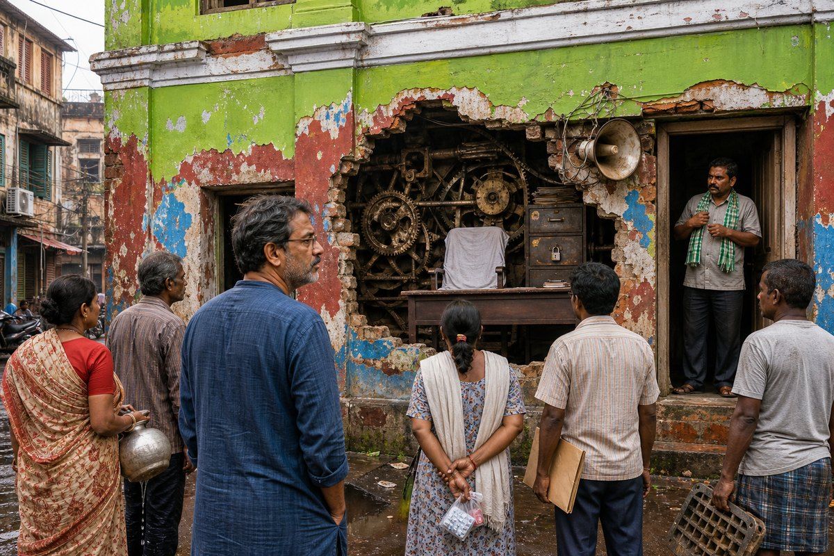 Calcutta residents face a crumbling, brightly painted building whose broken wall exposes interlocking gears beneath a mounted loudspeaker.