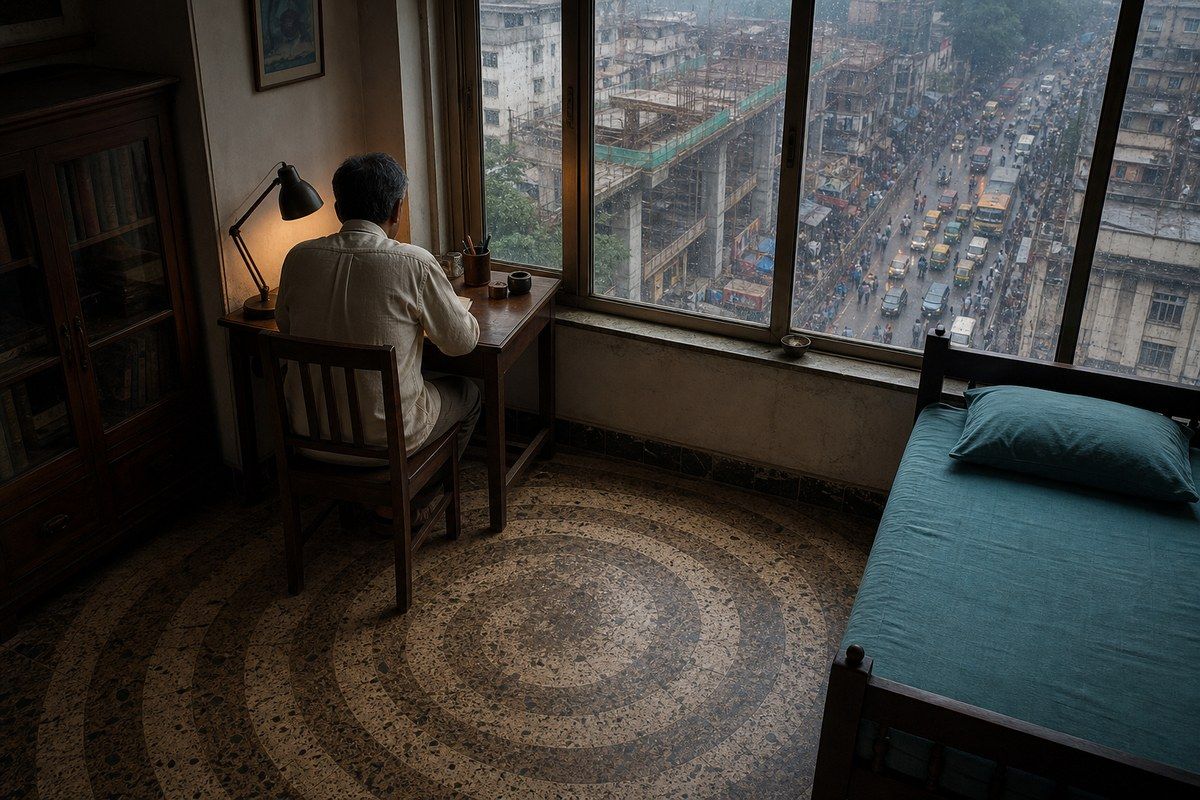 Bengali man sits within shrinking floor paths beside a crowded Kolkata street