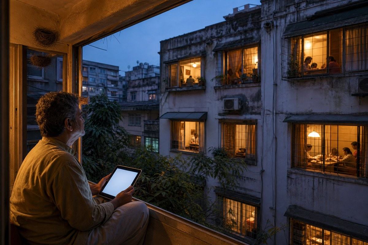 Solitary Bengali man watches warm family windows across a Kolkata courtyard