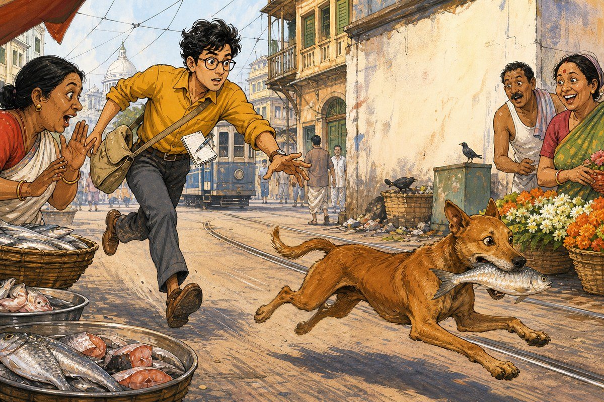 Bengali reporter chasing a brown dog carrying a fish through a Kolkata market
