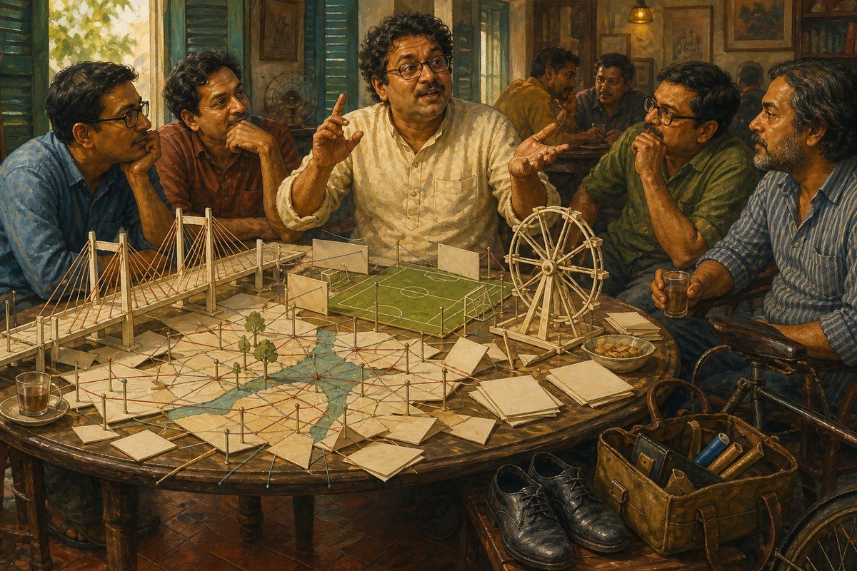 Bengali speaker explains elaborate models while unused shoes and tools wait nearby