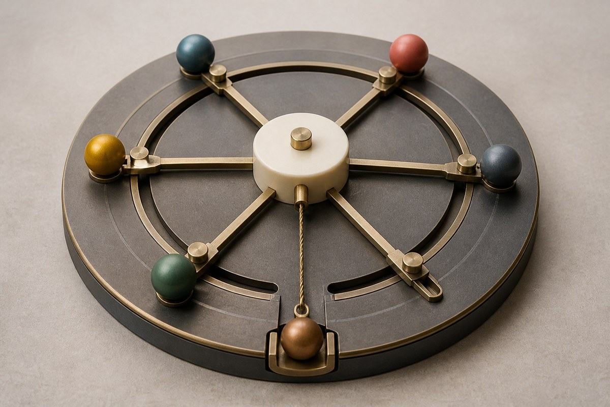 A brass balance links six coloured spheres, leaving one constrained while the others move along radial tracks