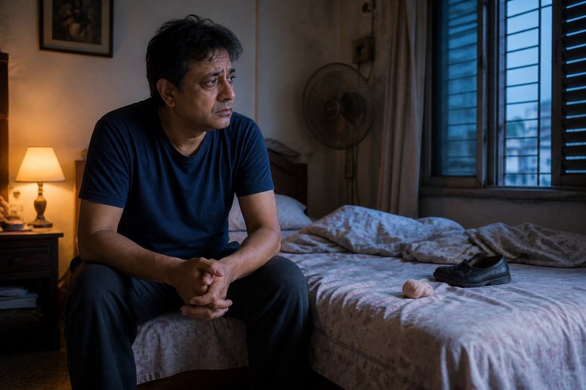 Middle-aged Bengali man sitting awake on the edge of a rumpled bed before dawn