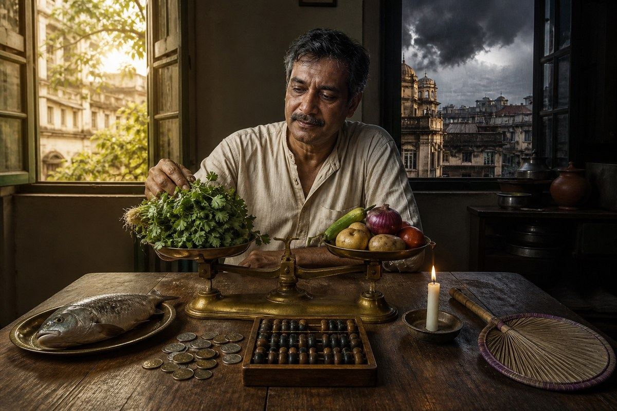 Man weighs coriander and vegetables against a stormy Kolkata household budget