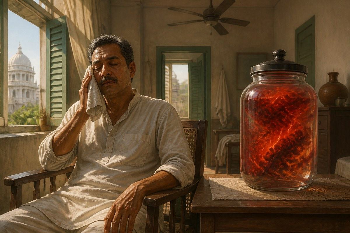 Tired Bengali man cools his face beside a red storm contained in a glass jar