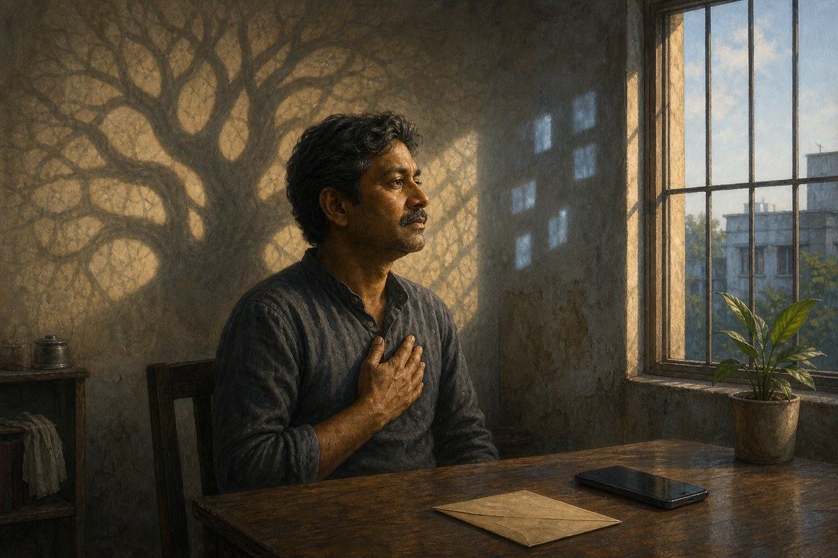 Middle-aged man sits beneath a banyan-like shadow in a Calcutta room