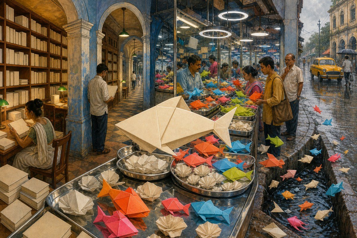 Blank origami fish flow from a Kolkata library market into a street drain