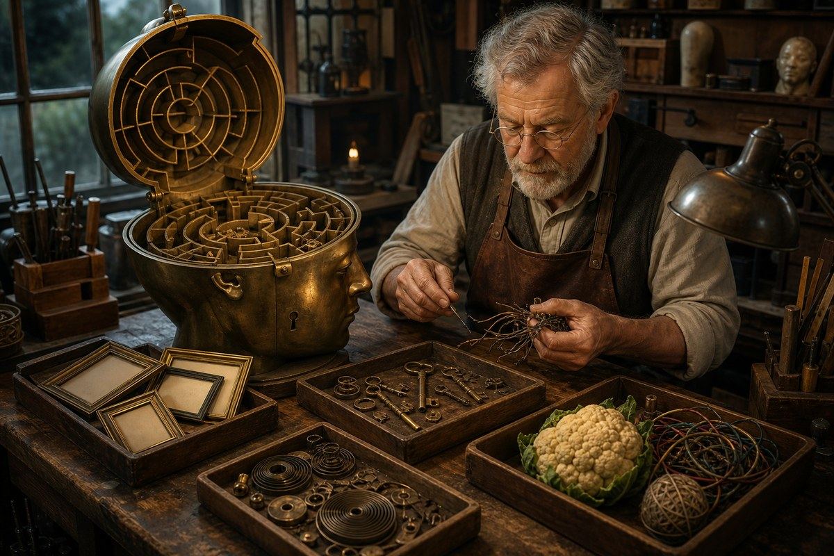 Older mechanic repairs a brass head labyrinth among memory objects and wires