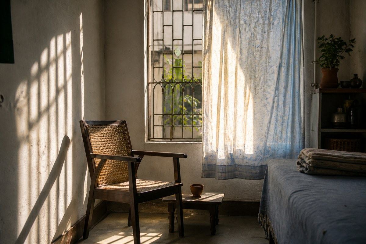 Sunlit Kolkata room balances barred shadows, a soft curtain and an empty chair