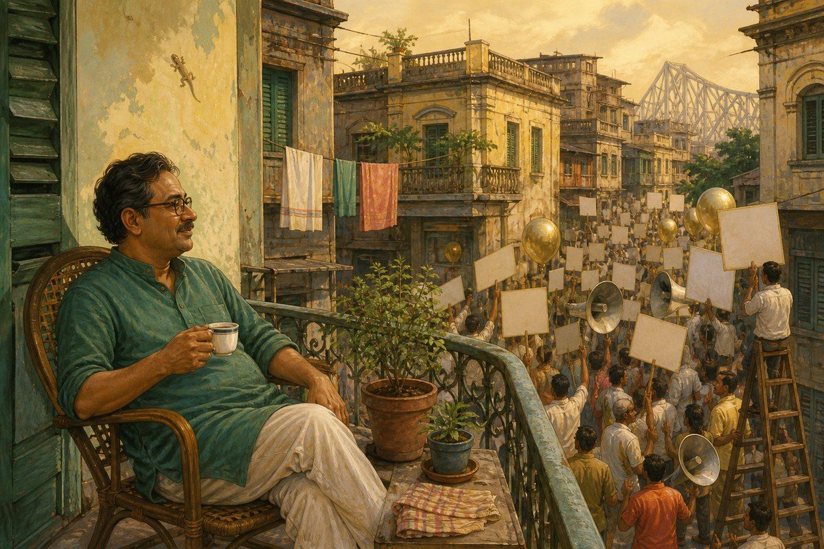 Calcutta man calmly drinks tea above a noisy procession of blank motivational placards