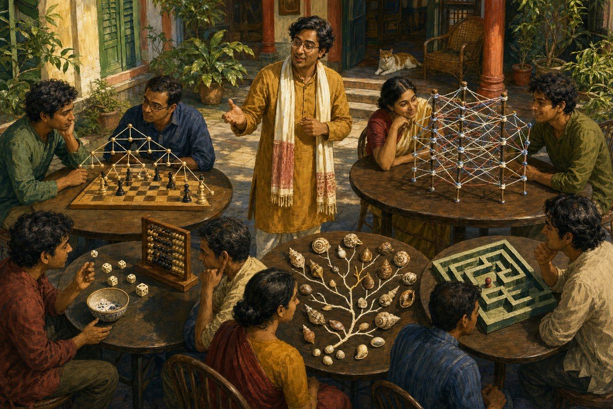 Bengali guide presents five tabletop schools of AI in a sunlit courtyard
