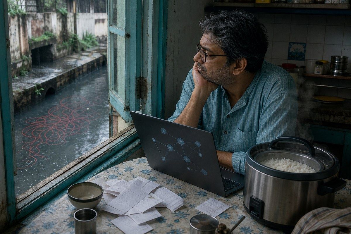 South Calcutta consultant sitting beside a laptop and rice cooker above a monsoon drain