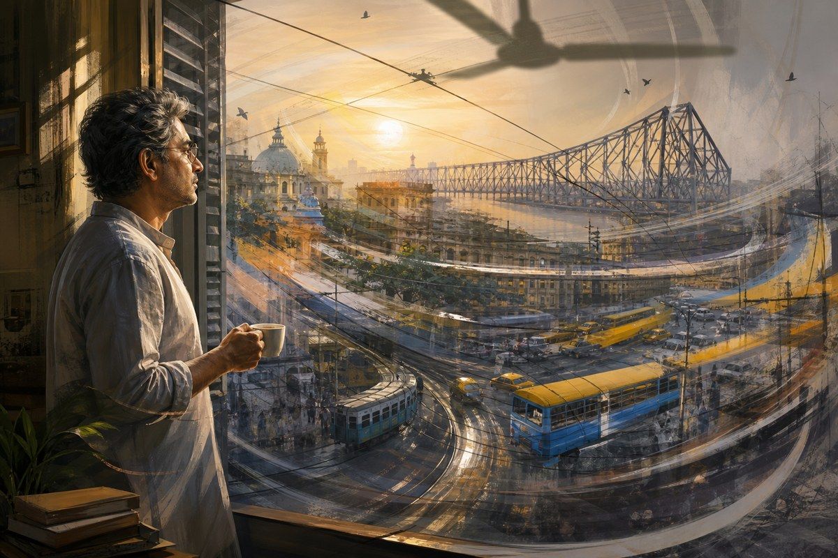 Bengali man drinks tea before a swirling dawn panorama of Kolkata traffic