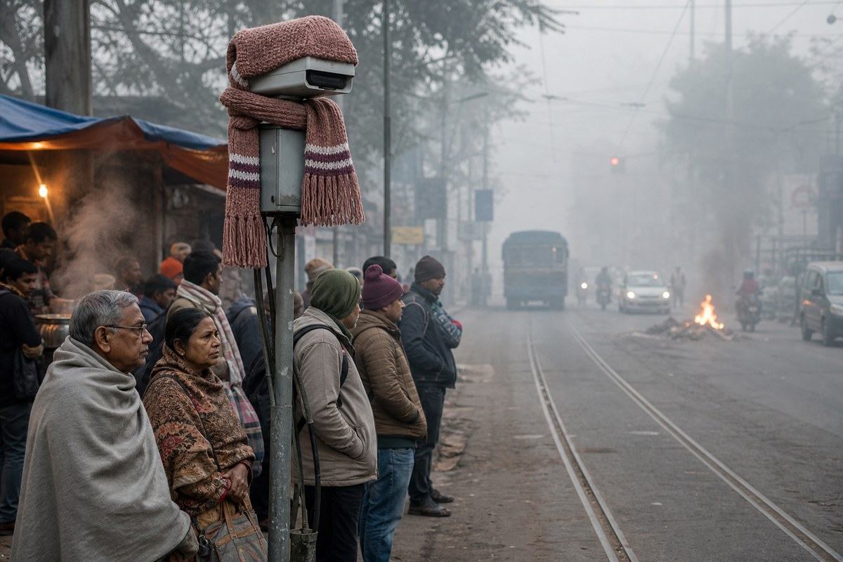 Kolkata commuters waiting in smog beside an air monitor wrapped in a woollen scarf