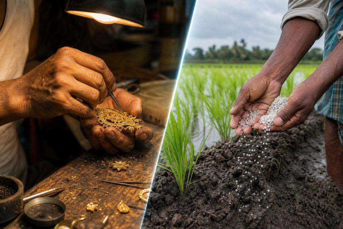 A gold karigar shapes filigree beside a Bengal farmer spreading fertiliser over a young rice field