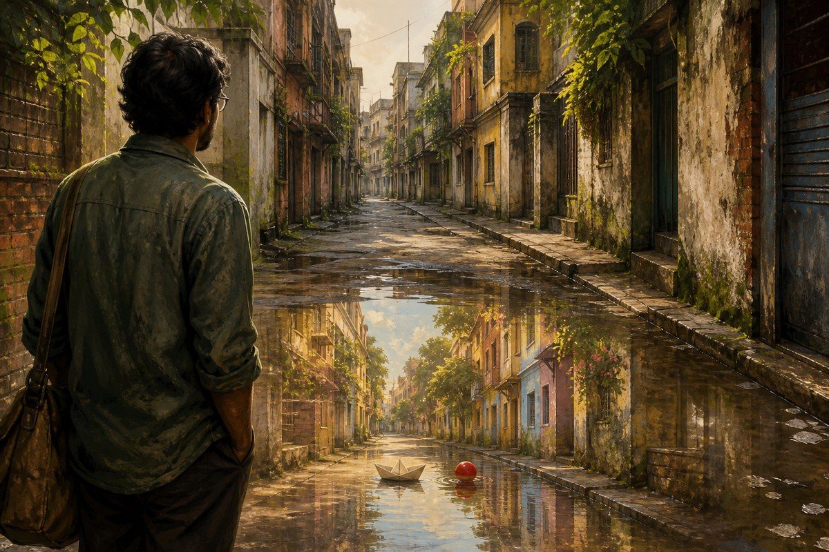 Adult revisits a rainy Calcutta lane reflected as an idealised childhood memory