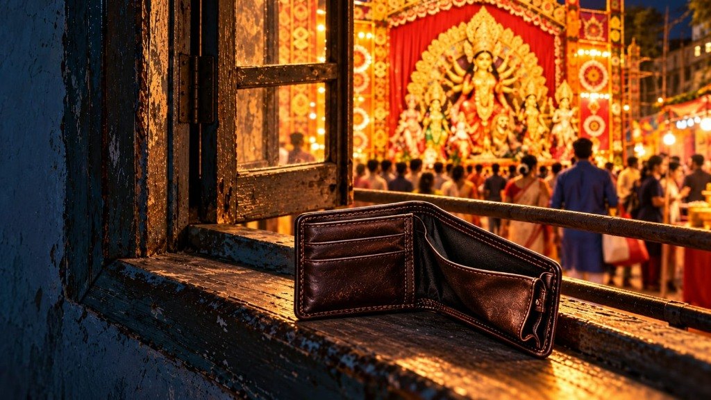 An open, empty brown leather wallet rests on a weathered wooden windowsill in a dim room, looking out through window bars toward a brightly lit Durga Puja pandal and crowd.