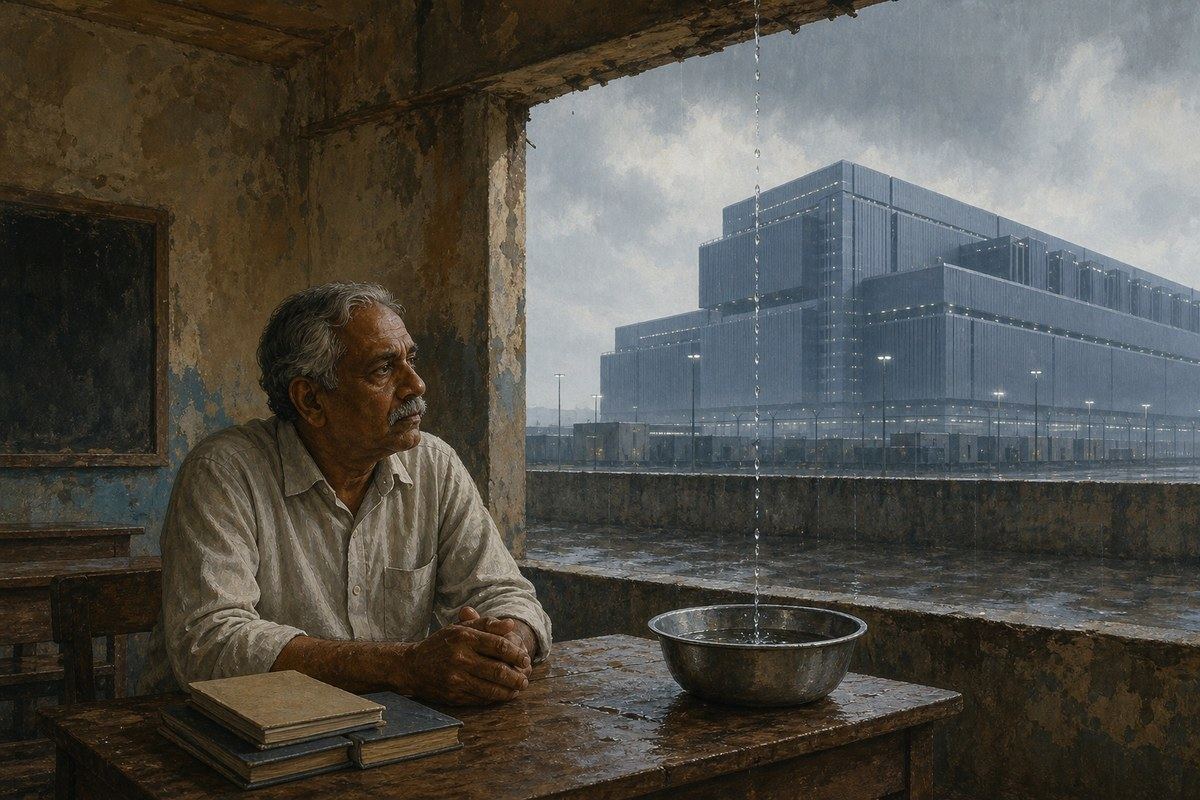 Older South Asian teacher beside a roof leak with a vast data centre beyond