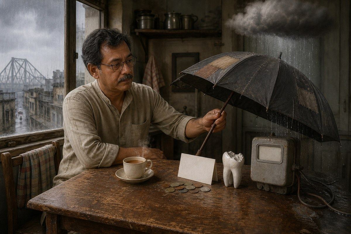 Bengali man shelters blank bills, coins and a tooth model beneath a patched umbrella
