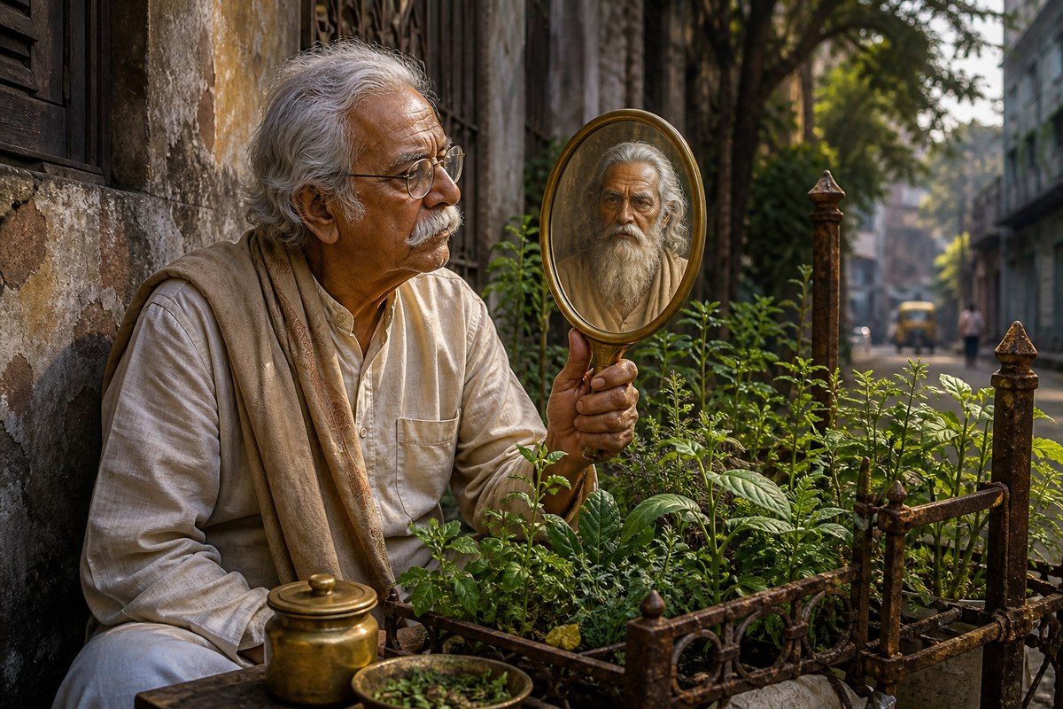 Older Bengali gardener sees an ancient sage reflected in a brass mirror
