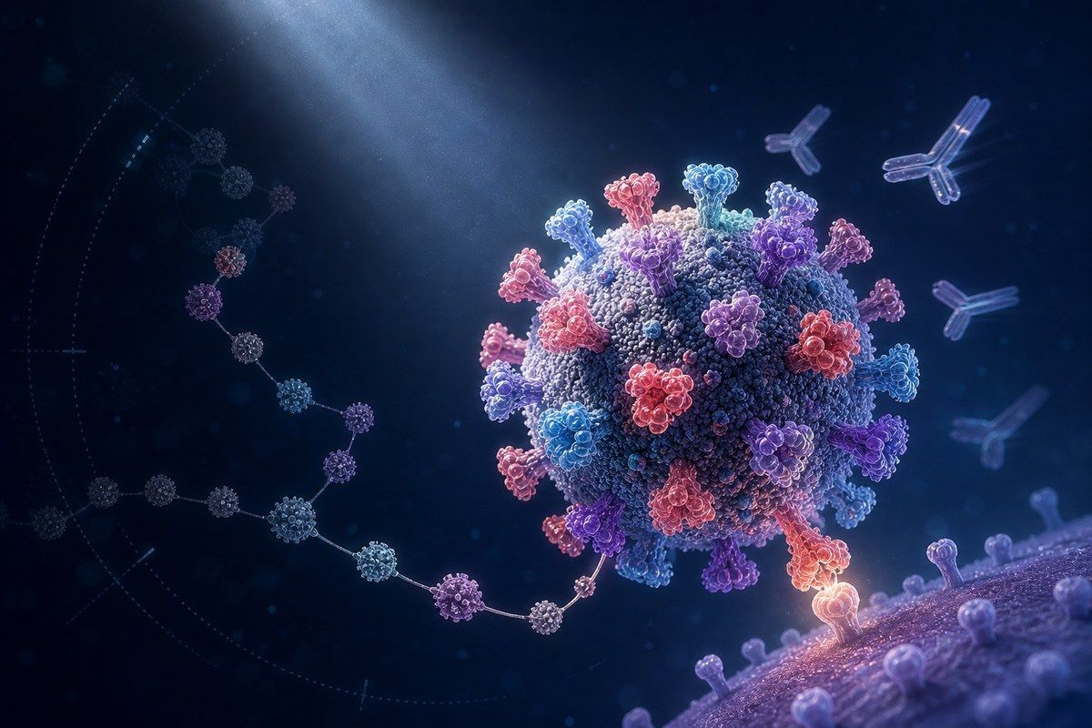 A detailed coronavirus particle follows a fading evolutionary trail among antibodies and receptor shapes
