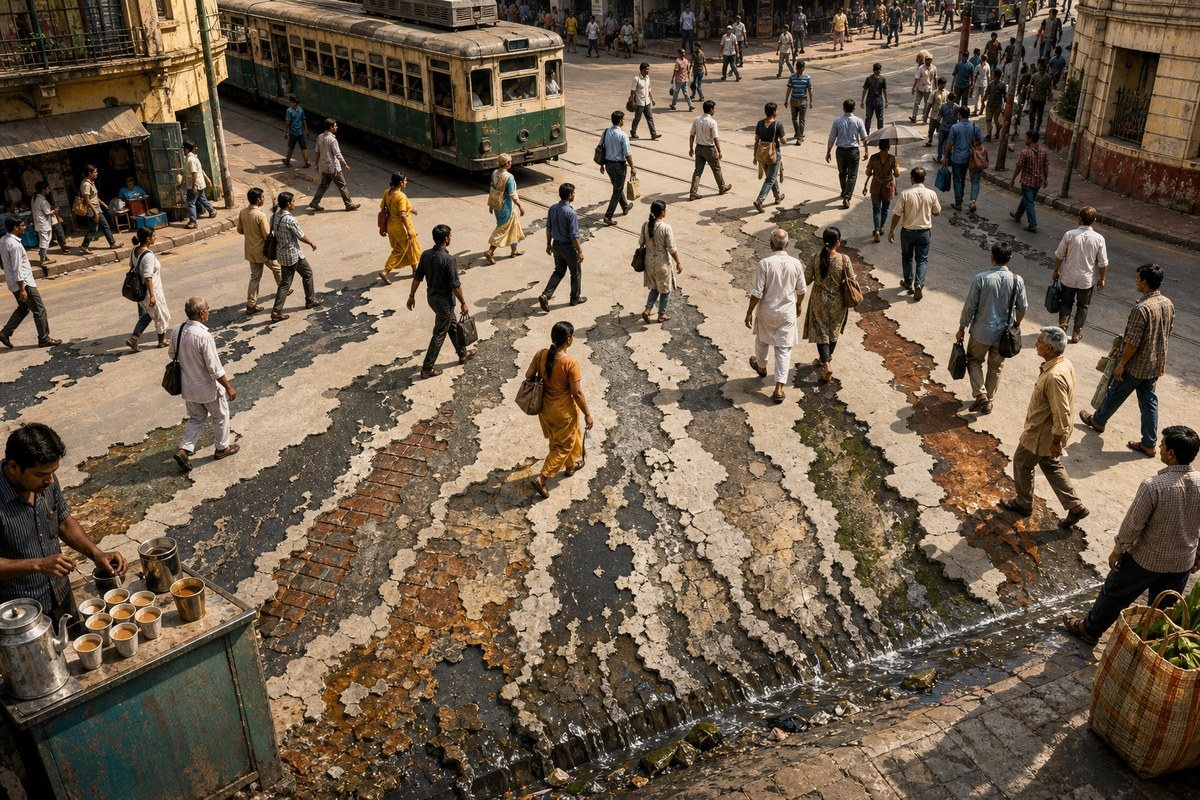 Kolkata pedestrians cross cracked shadow-like strips flowing toward a gutter