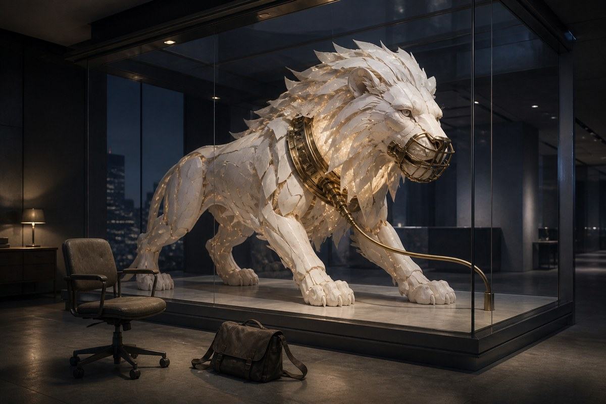 A layered paper-and-ceramic mechanical lion stands behind glass with a polished brass regulator around its muzzle