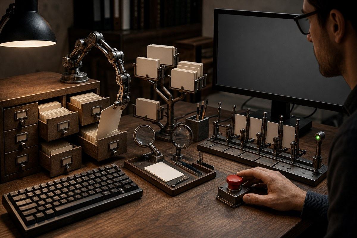 Coding agent searches file drawers and test gates while a developer guards the stop button
