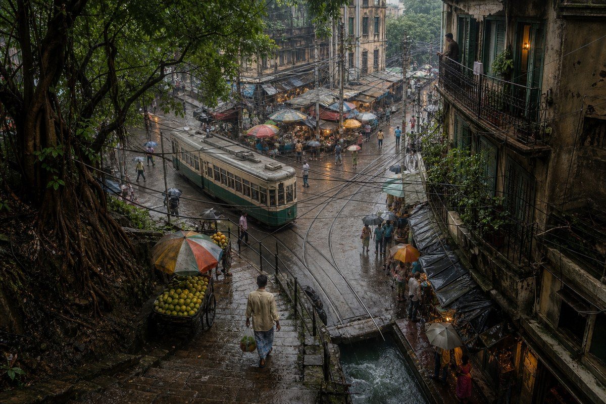 Resident with groceries navigates layered tram tracks and a rainy Kolkata market