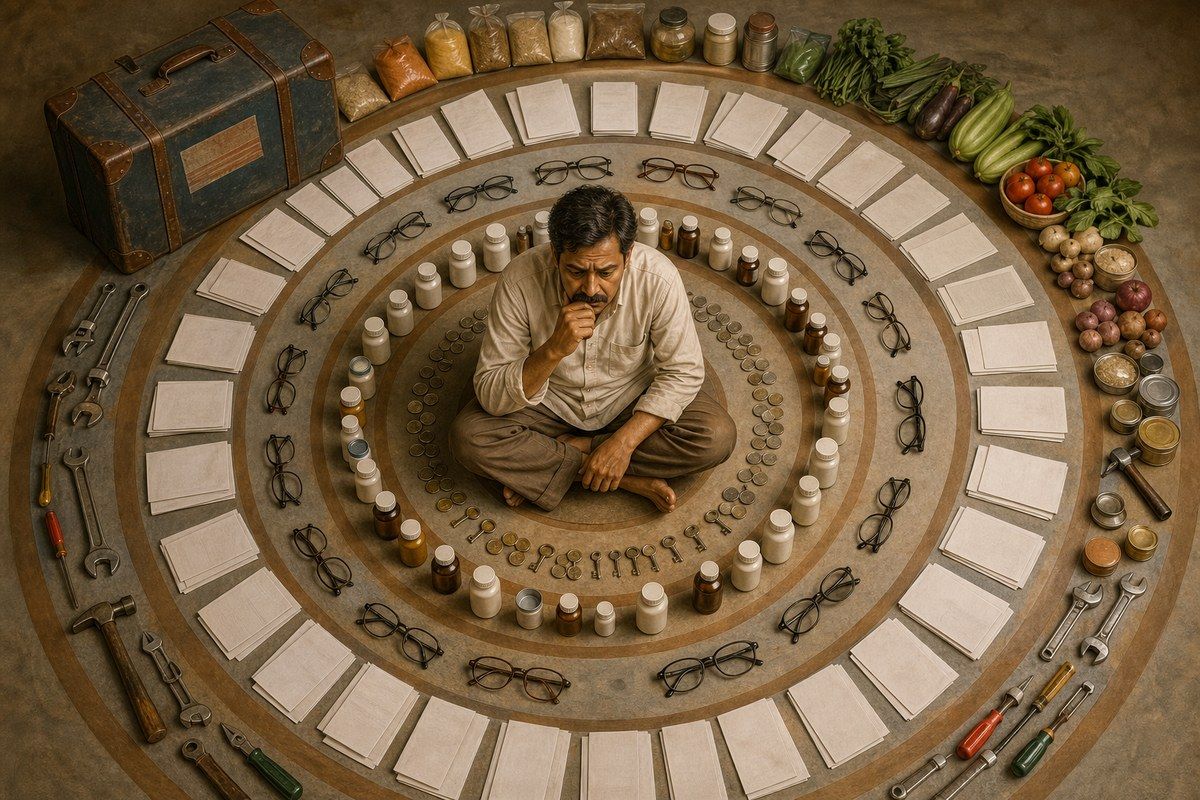 Bengali man sits inside concentric rings of bills, medicine, tools and groceries