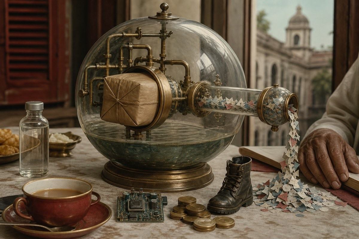 Bengali breakfast table with a globe-shaped glass machine containing blocked and chaotic channels