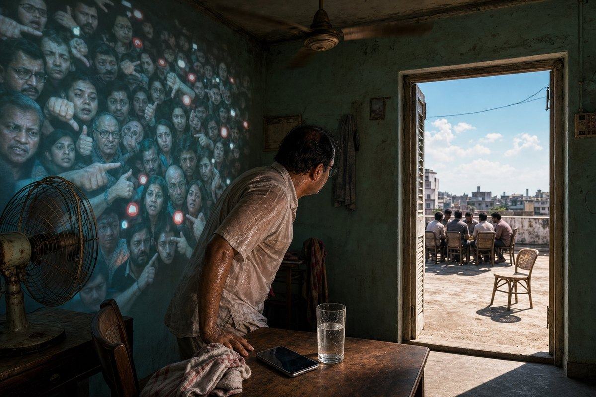 A sweating man in a dim room looks toward a rooftop gathering while a crowd of disapproving faces is projected across the wall.