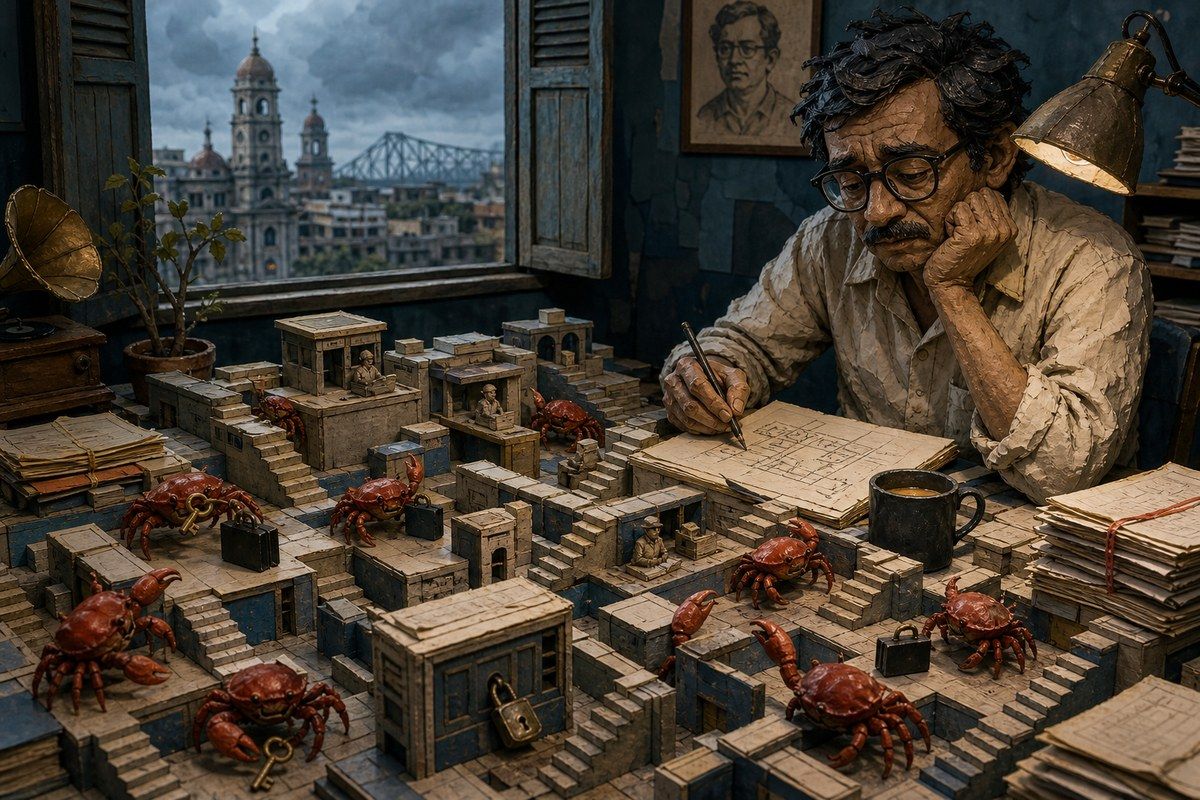 Bengali writer studying crabs moving through a miniature fractal bureaucracy
