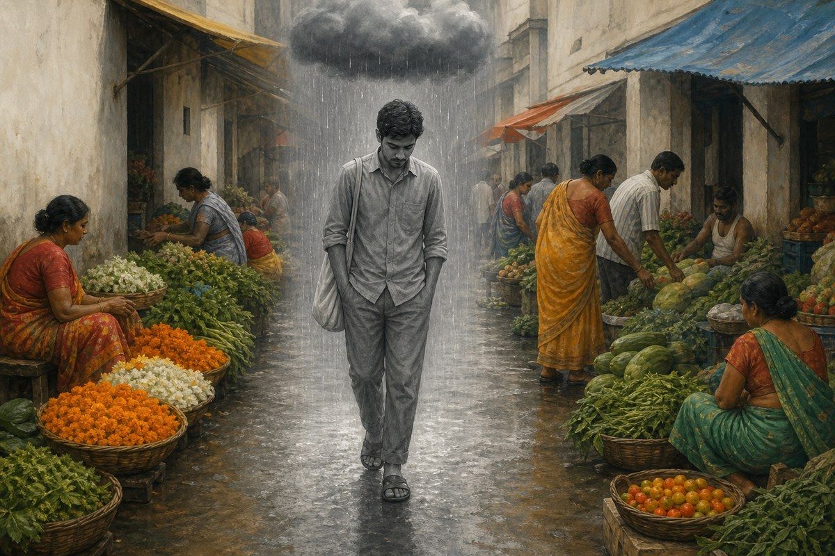 Bengali man walking beneath a private grey rain cloud through a colourful Kolkata market