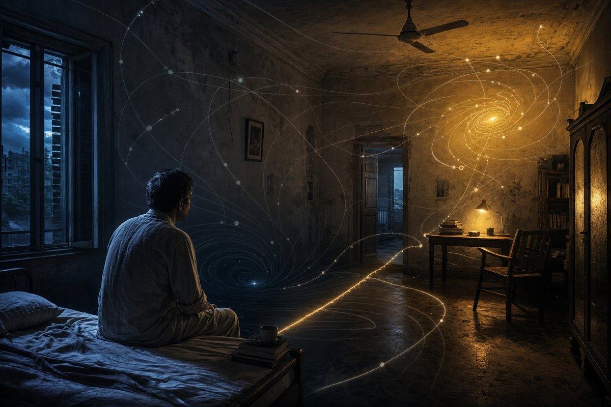 A man sits on a bed as glowing orbital lines swirl through a dark, worn room