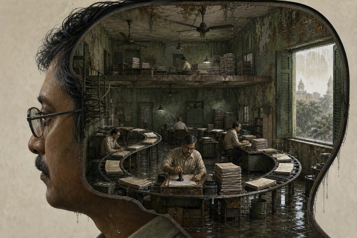 Profile of a Bengali man containing a damp government office filled with circular paperwork