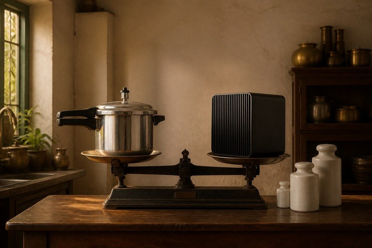 Pressure cooker balanced against a costly compact AI workstation in a Bengali kitchen