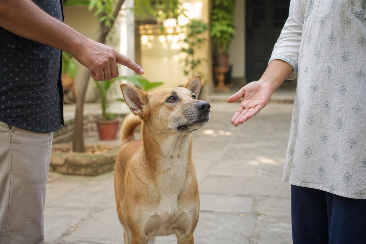 Alert Indian dog evaluating a pointing hand and an open palm
