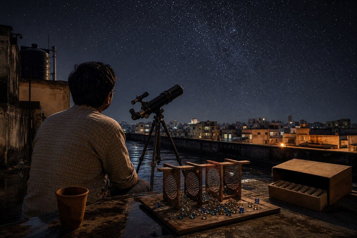 Bengali stargazer sits beside a telescope and probability sieves on a Kolkata rooftop