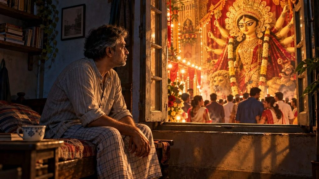 A man sits alone inside a dimly lit room, gazing out an open window at a brightly illuminated Durga idol and festive crowd during Durga Puja in Calcutta.