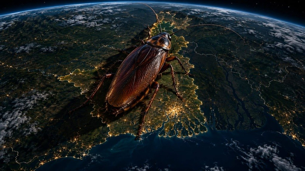 A giant brown cockroach sprawls across a nighttime satellite view of West Bengal, with its borders and the streets of Kolkata glowing in golden light beneath Earth's curved horizon.