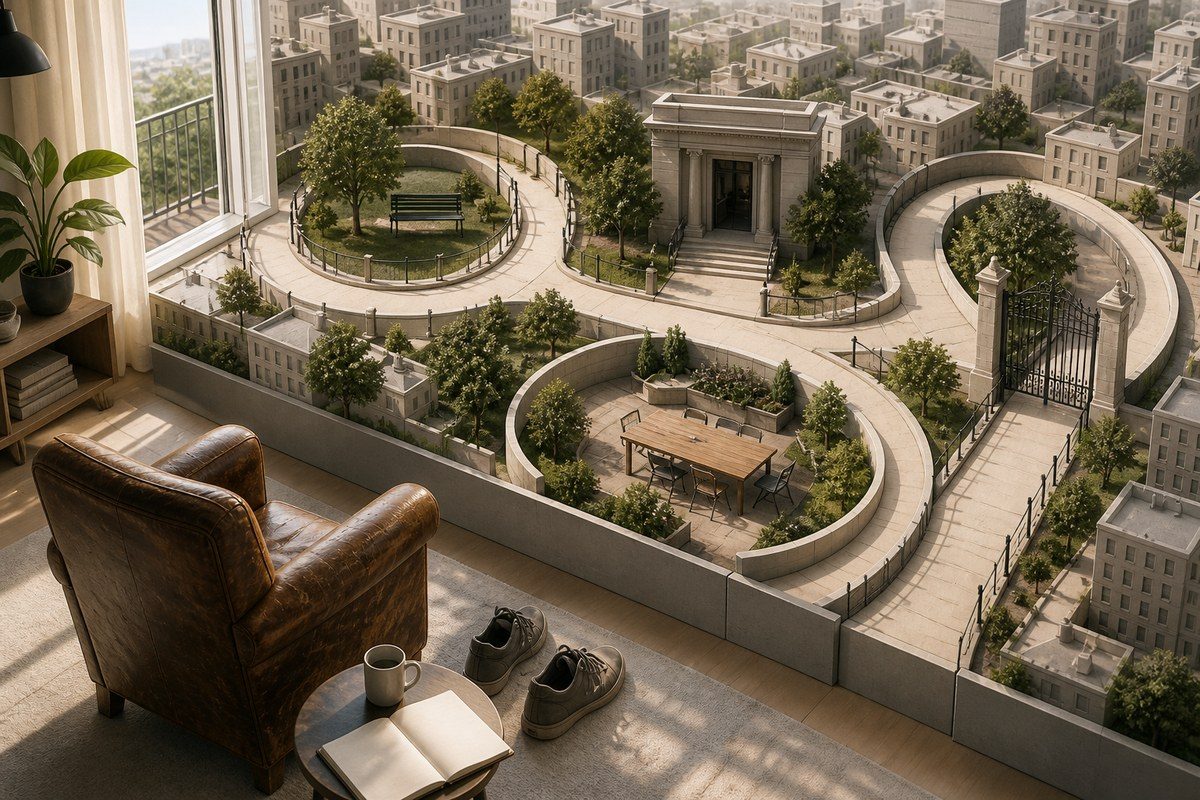 Sunlit city paths loop back from an armchair despite inviting civic destinations