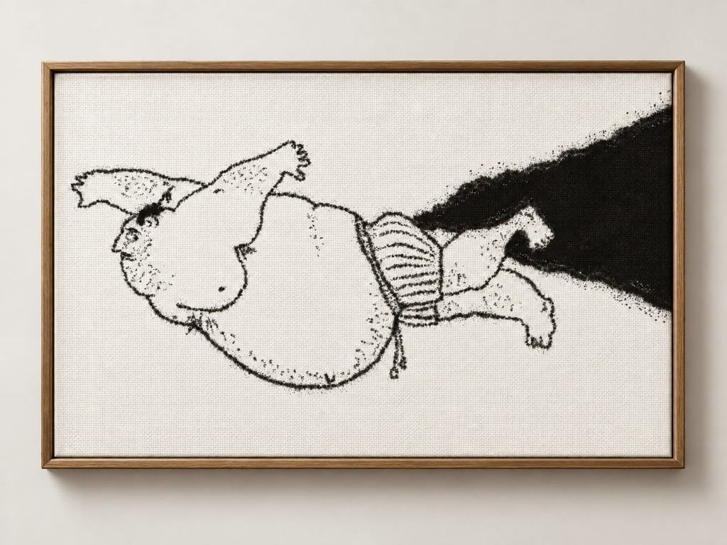 A framed monochrome charcoal illustration on textured canvas of a hand-drawn figure floating upward on a dark streak, illustrating ego as lift