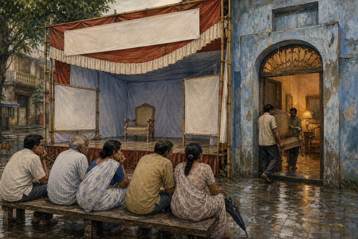 Tired Kolkata voters watch a campaign chair carried from a public stage into a private home