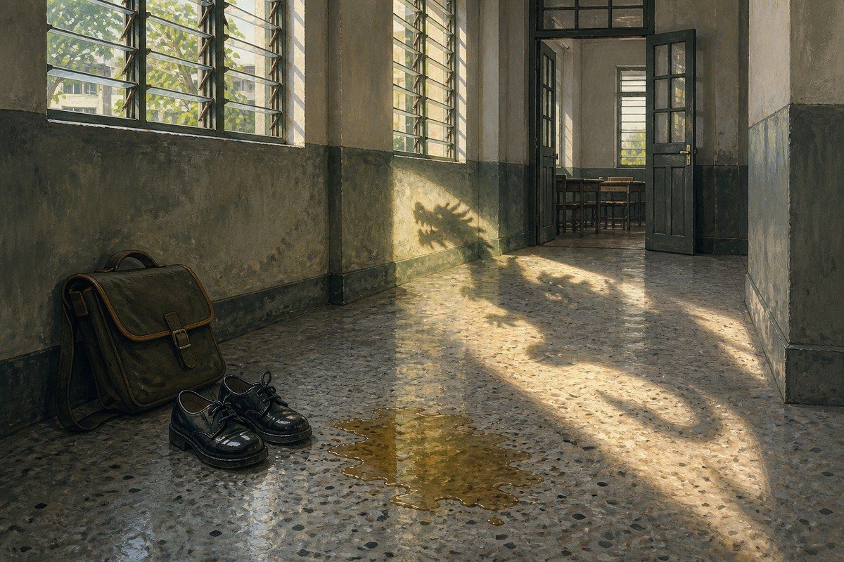 School shoes and satchel beside a corridor stain and dragon-shaped sunlight